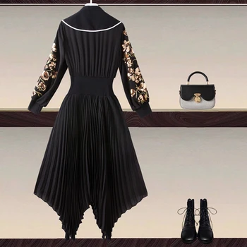 2021 M. Rudens Mados Dizaineris Suknelė Moterims, Juodos Spalvos Siuvinėjimai Blizgančiais Derliaus Lankas Nereguliarus Derliaus Elegantiškas Plonas Suknelės