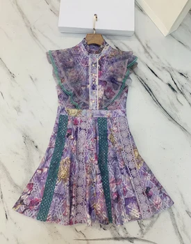 2021 naujų dizainerių vasaros mada violetinė suknelė ponios lotus lapų rankovės retro spausdinimas, siuvinėjimas nėrinių high-end mini suknelė, XXL