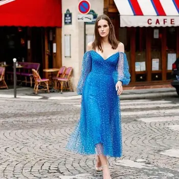 Off Peties Ilga Suknelė Kulkšnies Ilgis Tiulio Chalatai-line Royal Blue ilgomis Rankovėmis Satino Suknelė Su Dot Šalis Suknelė Moterų Suknelė