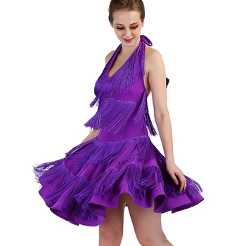 Pritaikyti lotynų Šokių Suknelė lotynų Konkurencijos Flapper Suknelės D0465 Violetinė su Big Kutas Hem Apynasrio Backless
